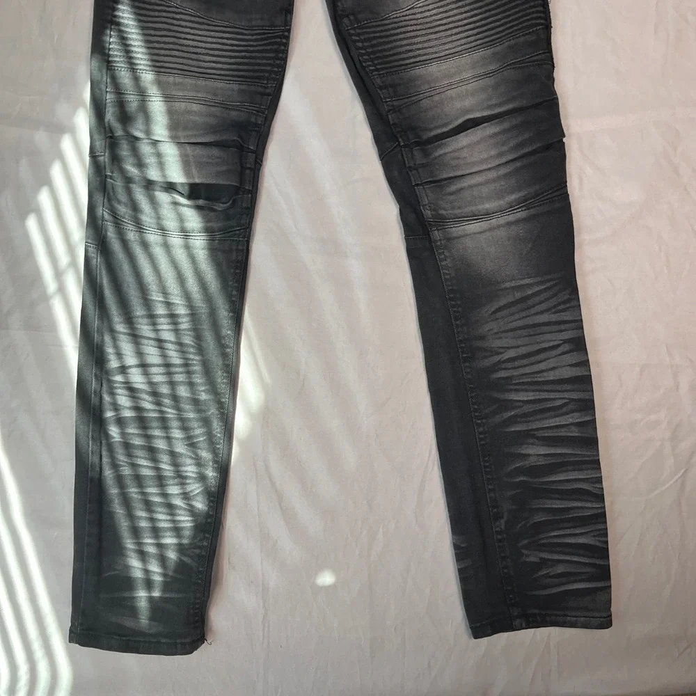 Mad Blue Mens Moto Biker Skinny Jeans Black Faded Ribbed Knee 32x33